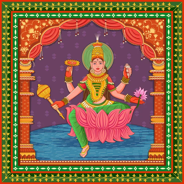 Estatua de la diosa india Siddhidatri escultura uno de avatar de Navadurga con fondo de marco floral vintage — Vector de stock