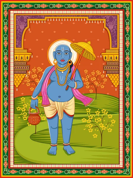 Estatua del Señor indio Vamana escultura uno de avatar de la Dashavatara de Vishnu con fondo de marco floral vintage — Vector de stock