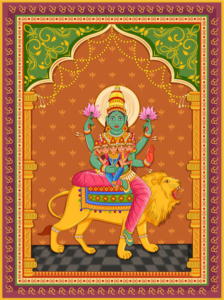 statue of Indian Goddess Skanda Mata sculpture one of avatar from Navadurga with vintage floral frame background
