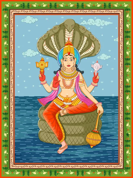 Statue of Indian Lord Vishnu with vintage floral frame background — Stock Vector