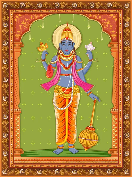 Statue of Indian Lord Vishnu with vintage floral frame background — Stock Vector