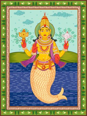 Vintage çiçek çerçevesi arka plan ile Vishnu Dashavatara gelen avatar Hint Lord Matsya heykel biri heykeli
