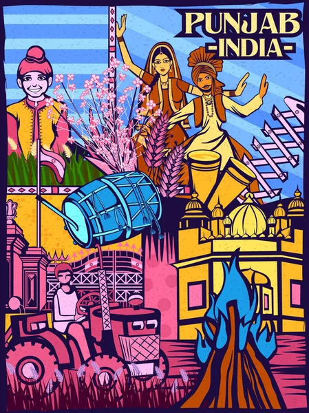 Exhibición cultural colorida del estado Punjab en la India — Vector de stock