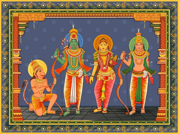 Szobor indiai Isten Rama, Laxmana, Sita és Hanuman a Vintage virágos keret háttér — Stock Vector