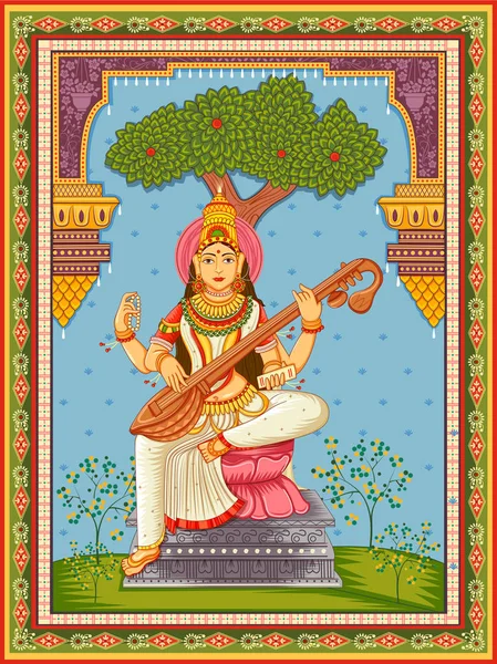 Statue der indischen Göttin Saraswati mit Vintage-Blumenrahmen Hintergrund — Stockvektor