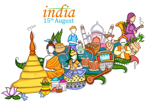 Illustration de collage indien montrant la culture, la tradition et le festival le jour de la fête de l'indépendance heureuse de l'Inde — Image vectorielle