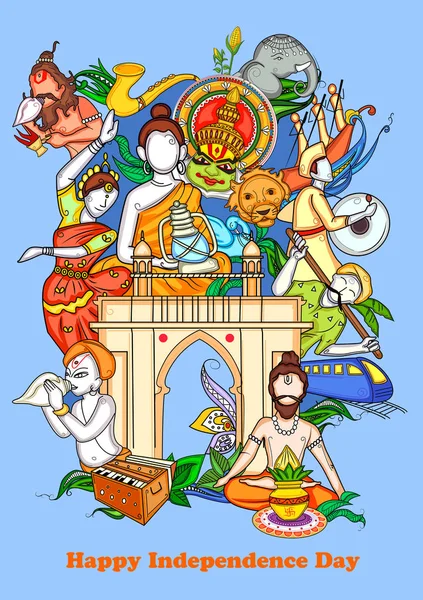 Ilustración de collage indio mostrando cultura, tradición y festival en el Feliz Día de la Independencia de la India Ilustraciones De Stock Sin Royalties Gratis