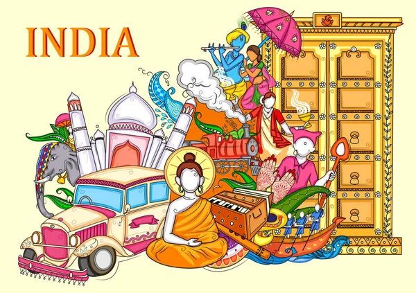 インドの文化、伝統、インドのお祭りを示すインドのコラージュイラスト — ストックベクタ