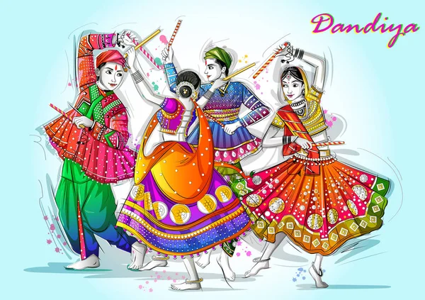 인도 의 Dandiya 밤 나브라트리 두세라 축제에서 가르바를 연주 인도 커플 — 스톡 벡터