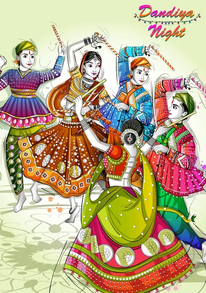 인도 의 Dandiya 밤 나브라트리 두세라 축제에서 가르바를 연주 인도 커플 — 스톡 벡터