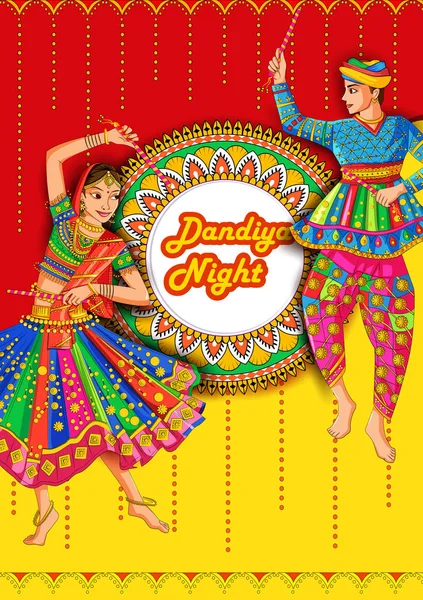 인도 의 Dandiya 밤 나브라트리 두세라 축제에서 가르바를 연주 인도 커플 — 스톡 벡터