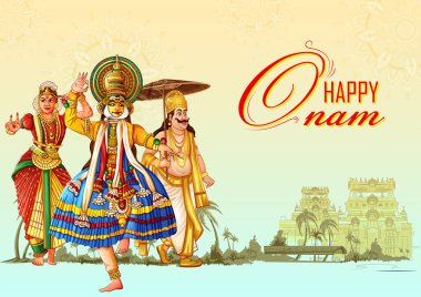 Happy Onam festival background of Kerala South India in Indian art style clipart