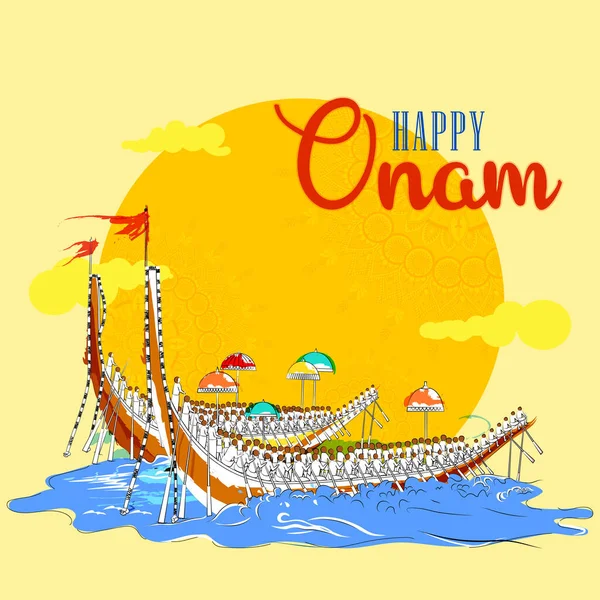 Happy Onam Festival Hintergrund von Kerala Südindien im indischen Kunststil — Stockvektor