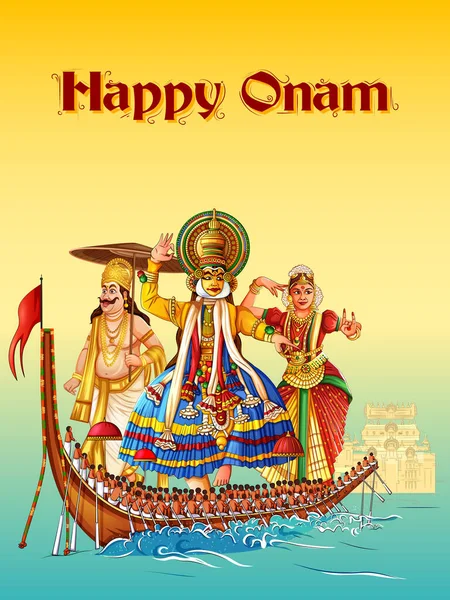 Happy Onam festival bakgrund Kerala South India i indisk konst stil — Stock vektor