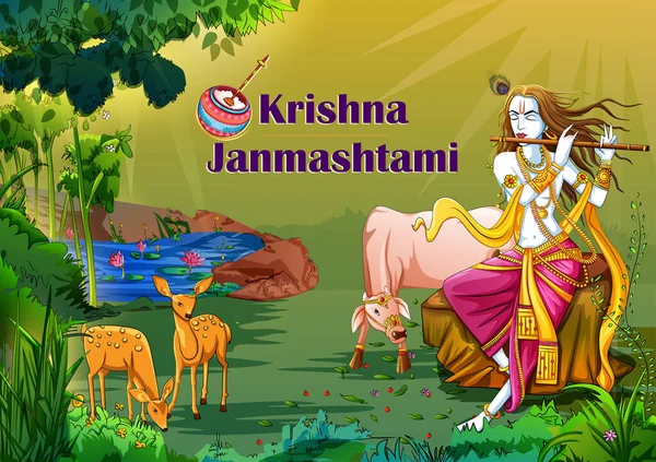 Lord Krishna em feliz Janmashtami fundo festival de férias — Vetor de Stock