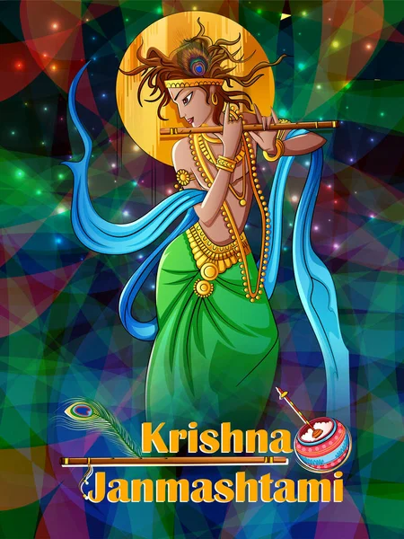 El Señor Krishna en el fondo del festival festivo Janmashtami feliz — Vector de stock