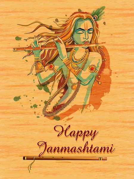 Lord Krishna über Happy Janmashtami Holiday Festival Hintergrund — Stockvektor