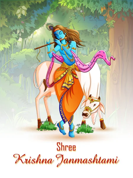 Lord Krishna op Happy Janmashtami vakantie festival achtergrond — Stockvector