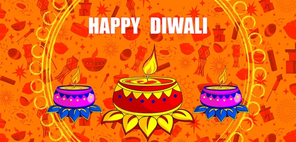 Boldog Diwali hagyományos fesztivál India üdvözlő háttér színes diya — Stock Vector