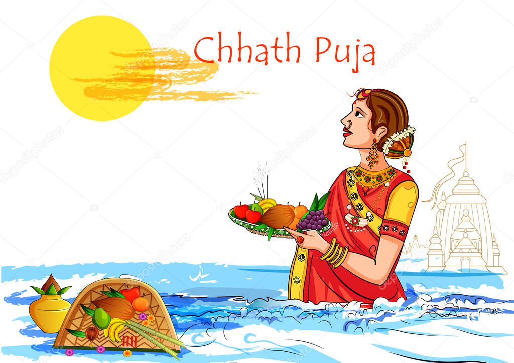 lady offering Chhath Pooja to Sun God in traditional festival of Bihar, India