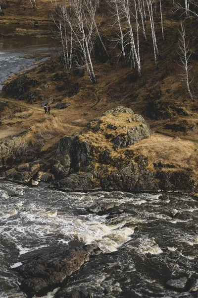 Autumn mountain river stream landscape. Mountain river autumn view. Autumn mountain river panorama.