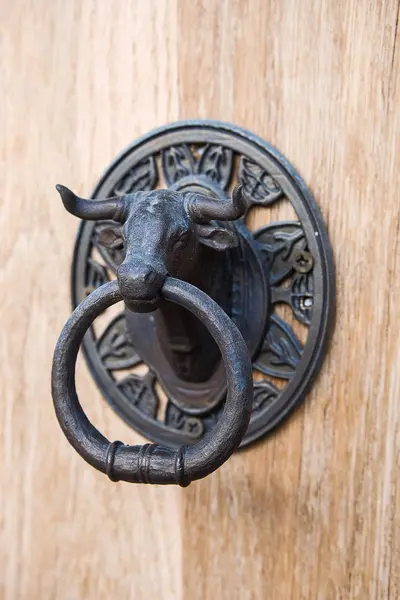 Iron door handle in the form of a bull\'s head.