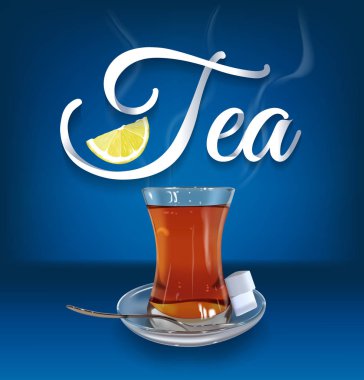 Kahvaltı ve öğle yemeği organik doğal sıcak çay. Detoks siyah çay bitki Assam ve Ceylon bardak. Rahat sabah çay limon ile sağlık için. Vektör fincan çay üzerinde mavi arka plan izole.