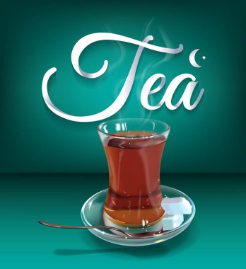 Kahvaltı ve öğle yemeği organik doğal sıcak çay. Detoks siyah çay bitki Assam ve Ceylon bardak. Rahat sabah çay sağlık için. Vektör yeşil arka plan üzerinde izole fincan.