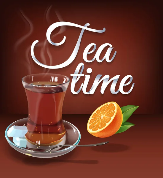 Kahvaltı ve öğle yemeği organik doğal sıcak çay. Detoks siyah çay bitki Assam ve Ceylon bardak. Rahat sabah çay sağlık ile portakal için. Vektör fincan izole kahverengi zemin üzerine çay.