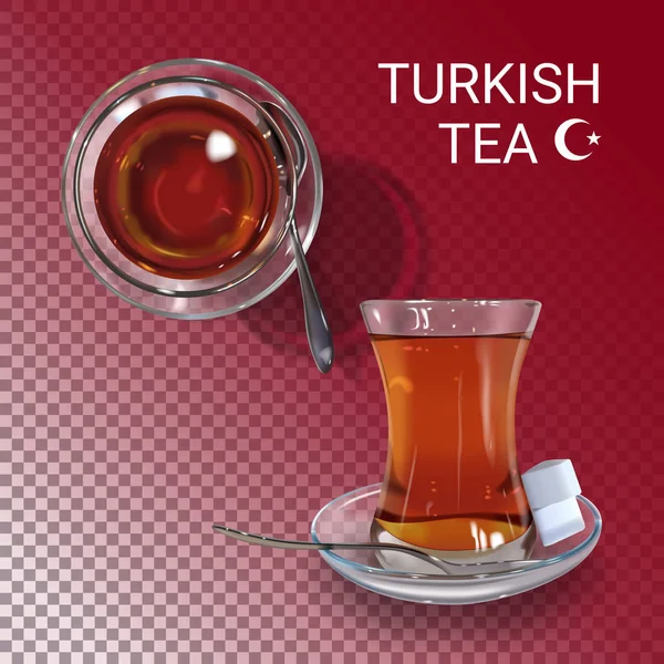 Turecki Gorącej Herbaty Czarnej Tradycyjne Szklankę Napoju Turek Realistyczne Filiżankę — Wektor stockowy