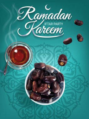 Ramazan Kareem. Islam dini olay ve Iftar kurutulmuş tatlı palm tarihleri ve bardak çay ile parti. Gerçekçi izole illüstrasyon.