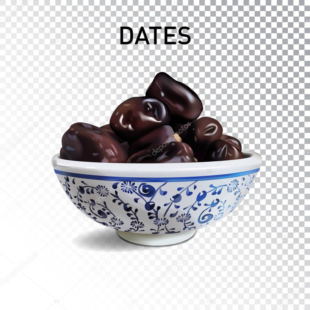 Dried sweet palm dates. Mediterranean and Arabia desserts, snac and fruits. Realistic isolated fruit of date palm on transparent background.
