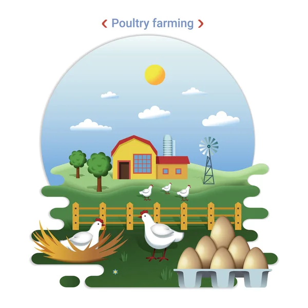 養鶏のフラット ファームの風景イラストです 草地と田舎の家の田園風景 鶏を放牧し 卵を孵化 — ストックベクタ