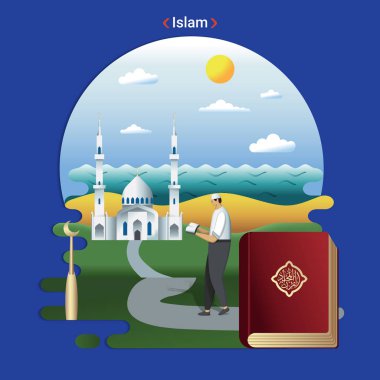 Islam simgeleyen düz kırsal manzara illüstrasyon. Bir kilise cemiyeti dua camide gider.