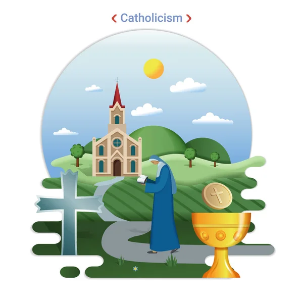 Плоский Сельский Пейзаж Символизирует Католицизм Священник Идет Служить Католическую Церковь — стоковый вектор