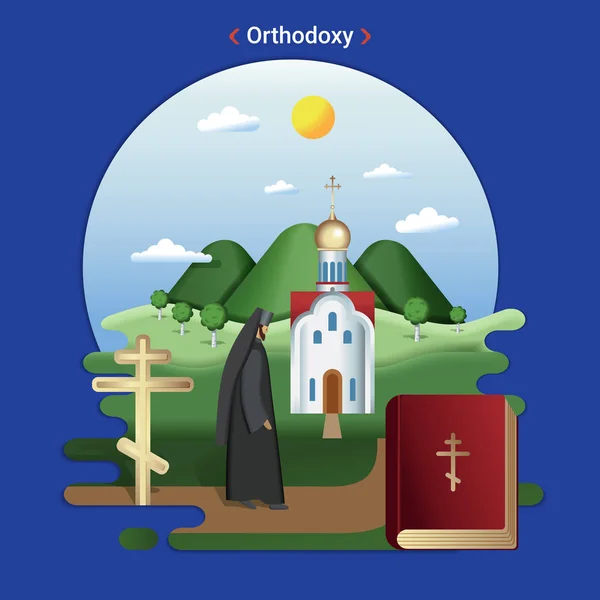 Επίπεδη Αγροτικού Τοπίου Εικονογράφηση Που Συμβολίζει Την Ορθοδοξία Ένας Ιερέας — Διανυσματικό Αρχείο