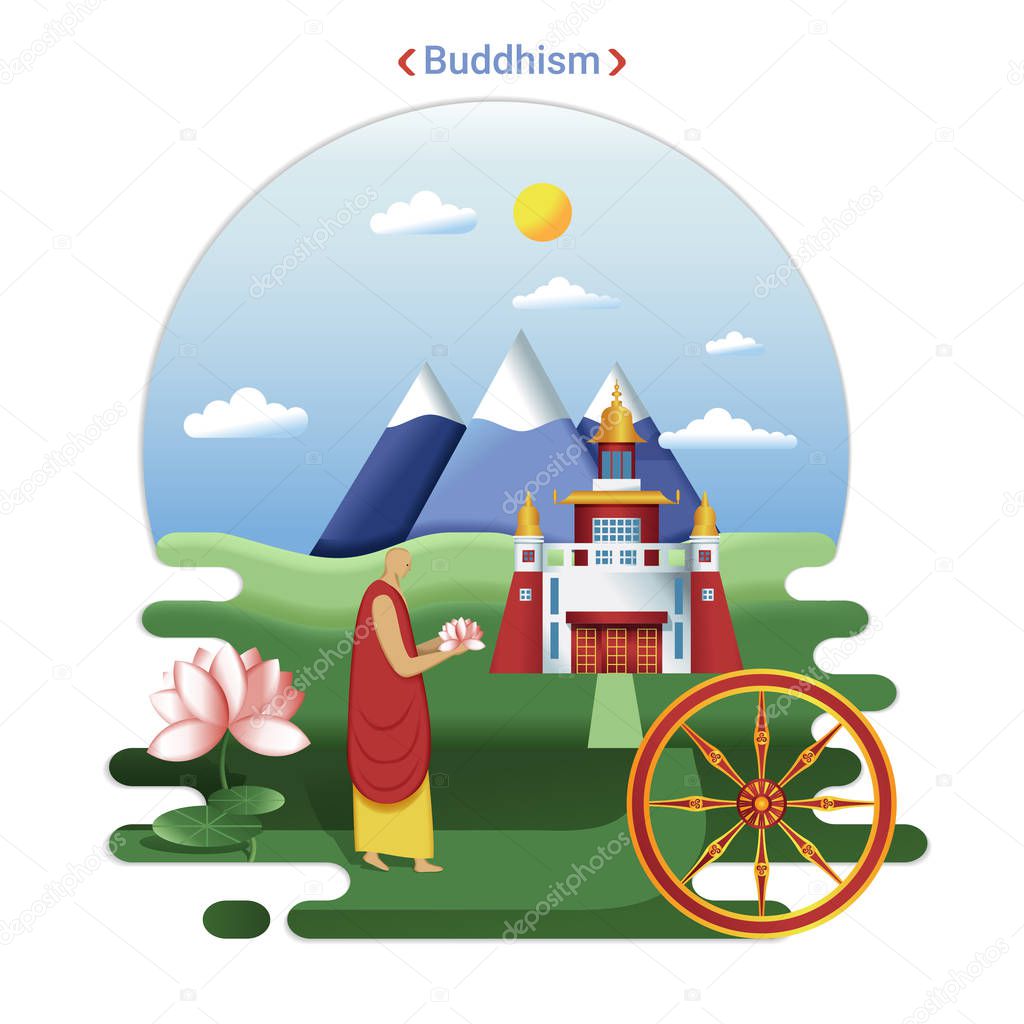 Flat rural landscape illustration symbolizing Buddhism. A Monk goes to Datsan service.