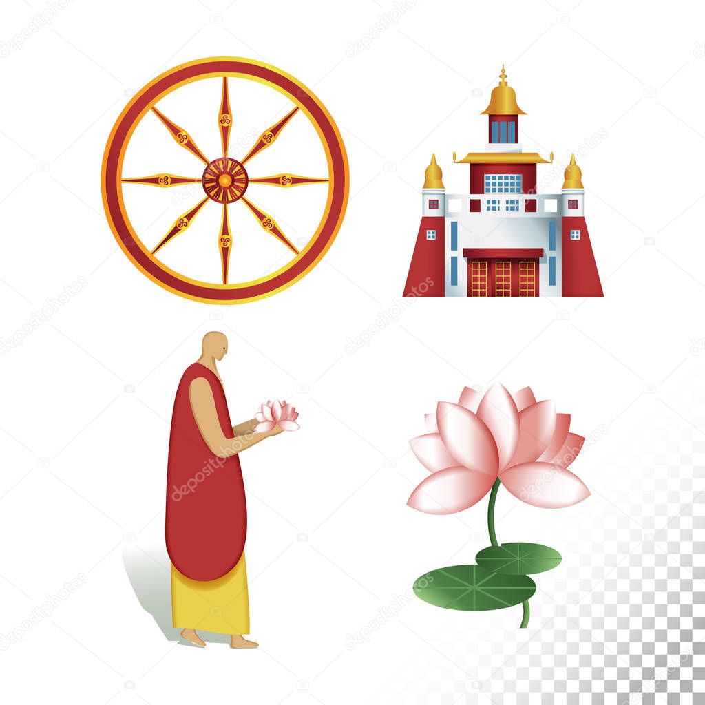 Vector flat icon illustration of symbolizing Buddhism. Colorful objects on a transparent background.