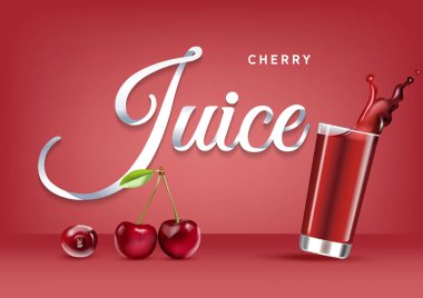 Cam kiraz ve kiraz suyu Vektör gerçekçi izole illüstrasyon. Sıçrama ile taze içecek 3d etkisi ile reklam posteri. Kırmızı zemin üzerinde sağlıklı organik kiraz dut ve kiraz suyu.