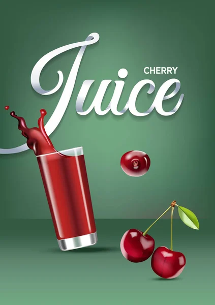 Векторна реалістична ізольована ілюстрація вишневого і вишневого соку в склі. Рекламний плакат з 3D ефектом свіжого напою зі сплеском. Здоровий органічний вишневий ягідний і вишневий сік на зеленому фоні . — стоковий вектор