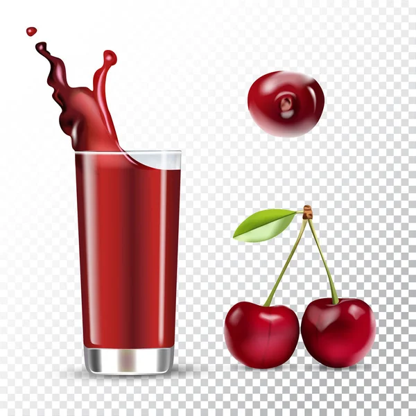 Vektor reális elszigetelt illusztrációja cseresznye és meggy Juice üvegben. Hirdetés poszter-val 3D hatás-ból friss ital-val loccsanás. Egészséges, organikus cseresznyebogyó és gyümölcslé átlátszó háttérrel. — Stock Vector