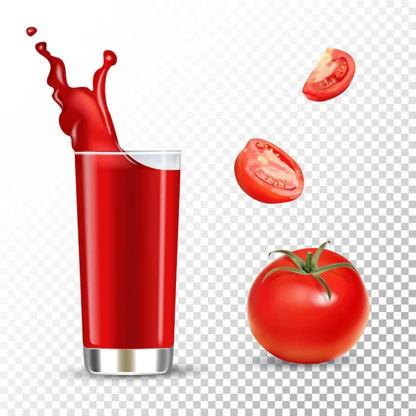 Ilustração isolada realista vetorial de suco de tomate em frutas de vidro e tomate. Cartaz de anúncio com efeito 3d de bebida fresca com respingo. Tomates orgânicos saudáveis e suco em fundo transparente . — Vetor de Stock