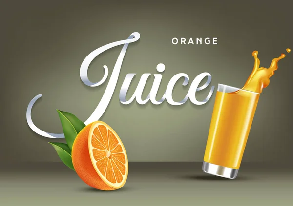 Ilustración vectorial realista aislada de zumo de naranja y naranja en vidrio. Cartel publicitario con efecto 3d de bebida fresca con salpicadura. Fruta y jugo de naranja orgánicos saludables sobre fondo de oliva . Vector De Stock