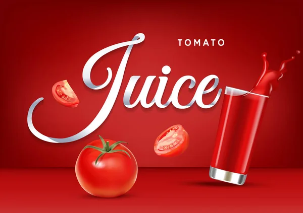 Vector realista ilustración aislada de jugo de tomate en vidrio y frutas de tomate. Cartel publicitario con efecto 3d de bebida fresca con salpicadura. Baya y jugo de tomates orgánicos saludables sobre fondo rojo . Gráficos Vectoriales