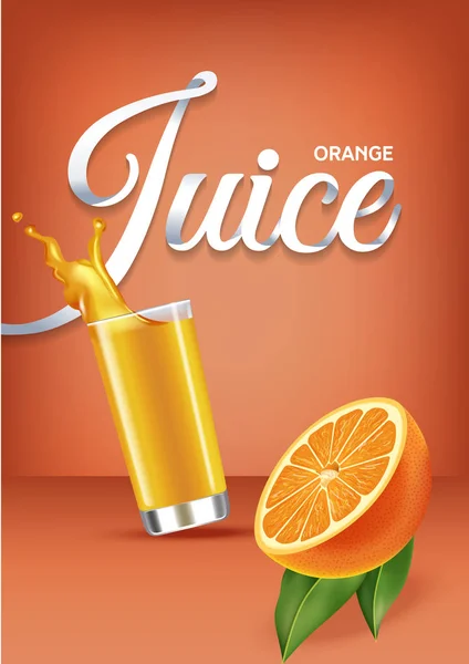 Ilustración vectorial realista aislada de zumo de naranja y naranja en vidrio. Cartel publicitario con efecto 3d de bebida fresca con salpicadura. Fruta y jugo de naranja orgánicos saludables sobre fondo naranja . Vector De Stock