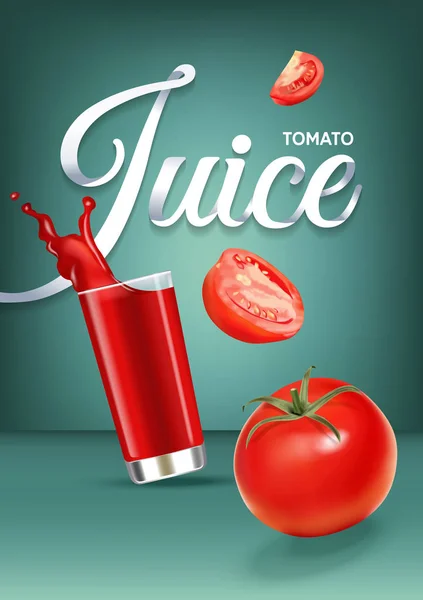 Vector realista ilustración aislada de jugo de tomate en vidrio y frutas de tomate. Cartel publicitario con efecto 3d de bebida fresca con salpicadura. Baya y jugo de tomates orgánicos saludables sobre fondo verde . Gráficos Vectoriales