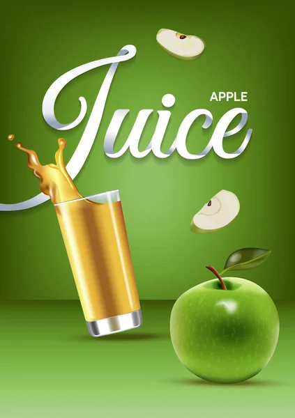 Ilustración vectorial realista aislada de zumo de manzana y manzana en vidrio. Cartel publicitario con efecto 3d de bebida fresca con salpicadura. Fruta sana de manzana orgánica y jugo sobre fondo verde . Vectores De Stock Sin Royalties Gratis