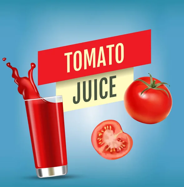 Vector realista ilustración aislada de jugo de tomate en vidrio y frutas de tomate. Cartel publicitario con efecto 3d de bebida fresca con salpicadura. Baya y jugo de tomates orgánicos saludables sobre fondo azul . Ilustración De Stock