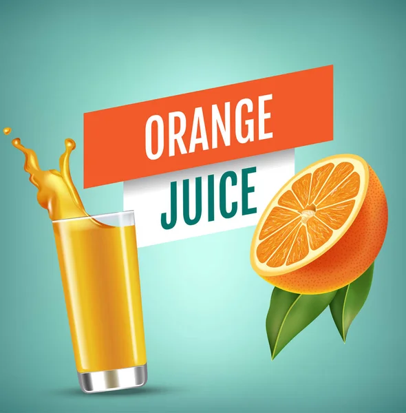 Ilustración vectorial realista aislada de zumo de naranja y naranja en vidrio. Cartel publicitario con efecto 3d de bebida fresca con salpicadura. Fruta y jugo de naranja orgánicos saludables sobre fondo verde . Gráficos Vectoriales