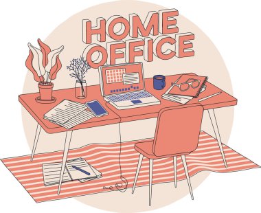 Bir serbest çalışan ya da salgın sırasında evde kalan uzaktan çalışan biri için rahat bir ofis tasviri. Masa, dizüstü bilgisayar, akıllı telefon, notlar, kahve, çiçek. Basit bir vektör çizgisi sanat resmi